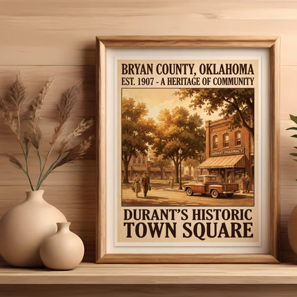 Poster depicting Bryan County, Oklahoma, Durant's Historic Town Square, and Durant Pharmacy.