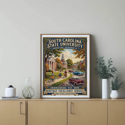 South Carolina State University poster with vintage campus scene and text.