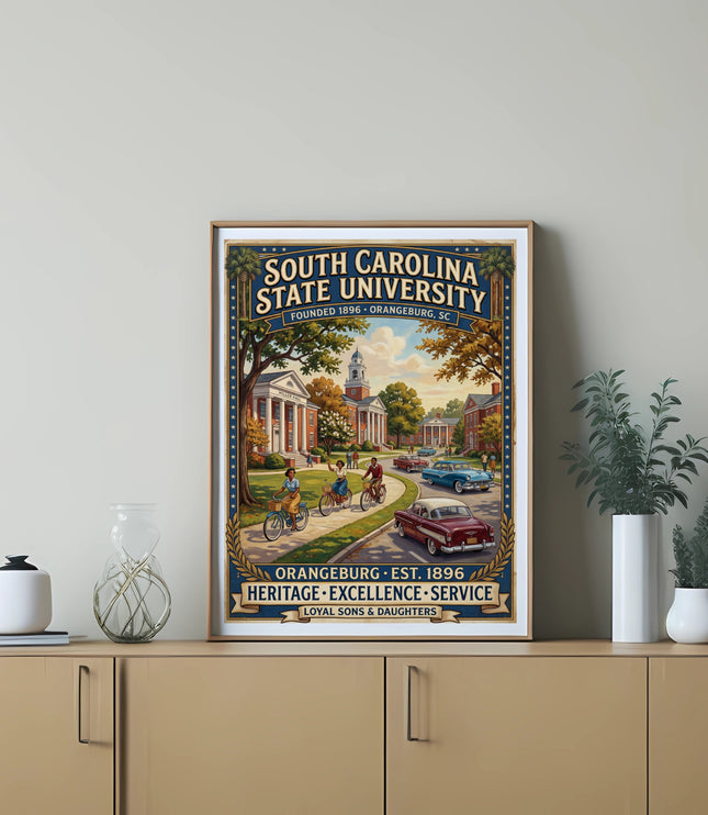 South Carolina State University poster with vintage campus scene and text.