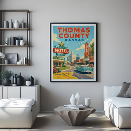 Vintage Thomas County Kansas motel poster with cars and buildings.