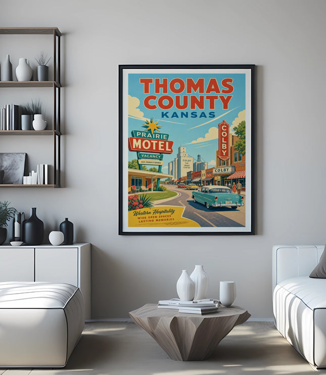 Vintage Thomas County Kansas motel poster with cars and buildings.