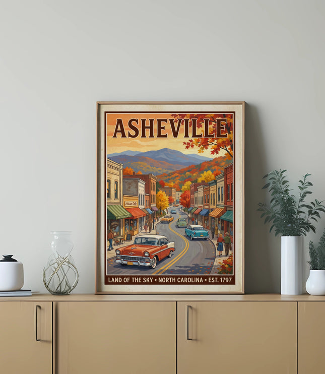 Vintage Asheville poster with autumn foliage and classic cars.