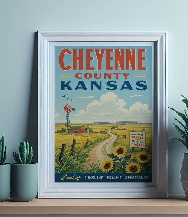 Cheyenne County Kansas vintage travel poster with windmill and sunflowers.