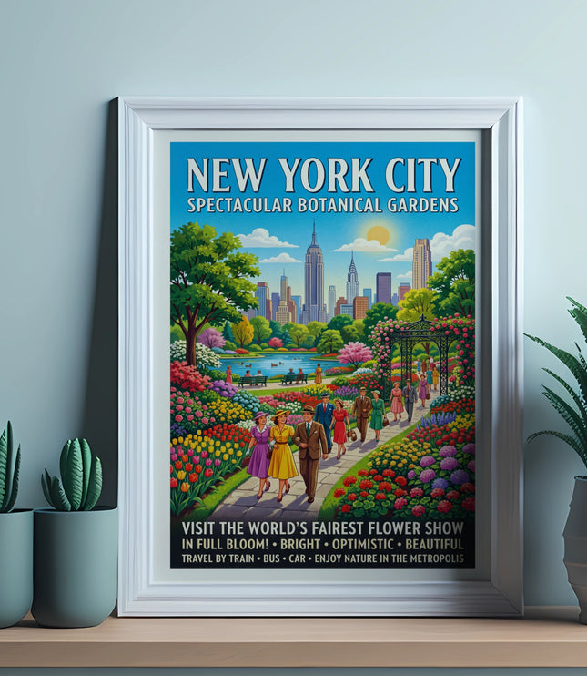 New York City Botanical Gardens poster featuring city skyline and people in a garden.