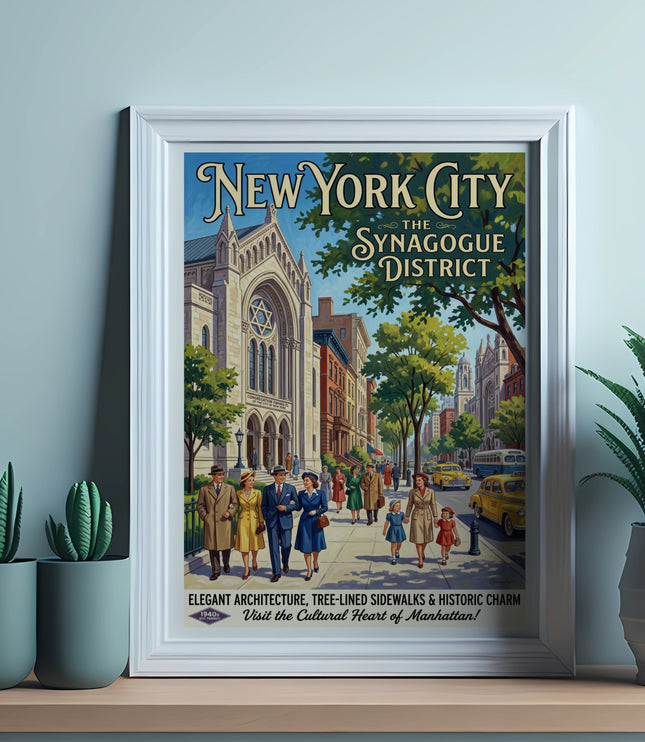 New York City The Synagogue District vintage travel poster with people and cars.