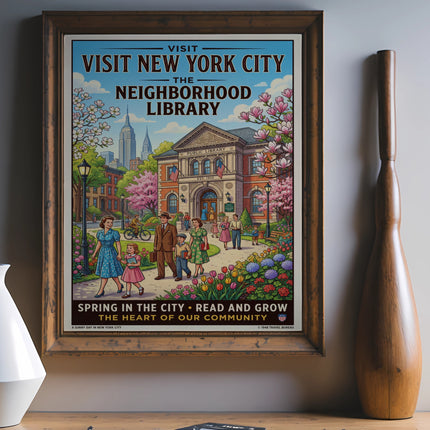 Vintage "Visit New York City Neighborhood Library" poster with people and spring blossoms.