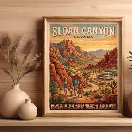 Sloan Canyon Nevada vintage travel poster with desert landscape and text.