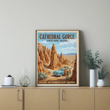 Cathedral Gorge State Park, Nevada vintage poster with clay canyons and vintage car.