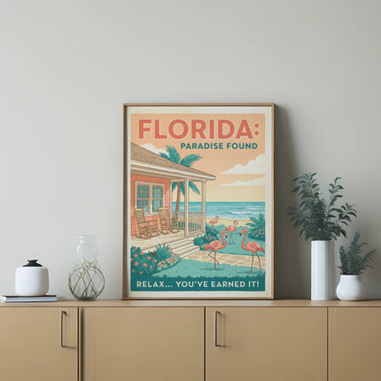 Florida Paradise Found vintage travel poster with flamingos and beach scene.