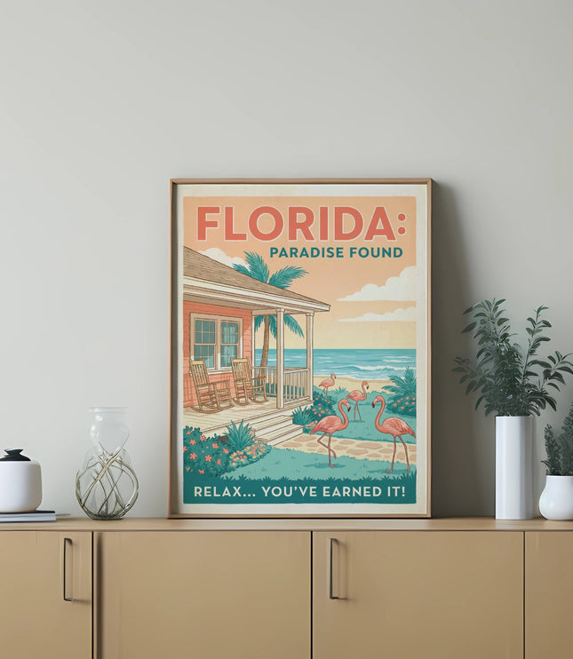Florida Paradise Found vintage travel poster with flamingos and beach scene.