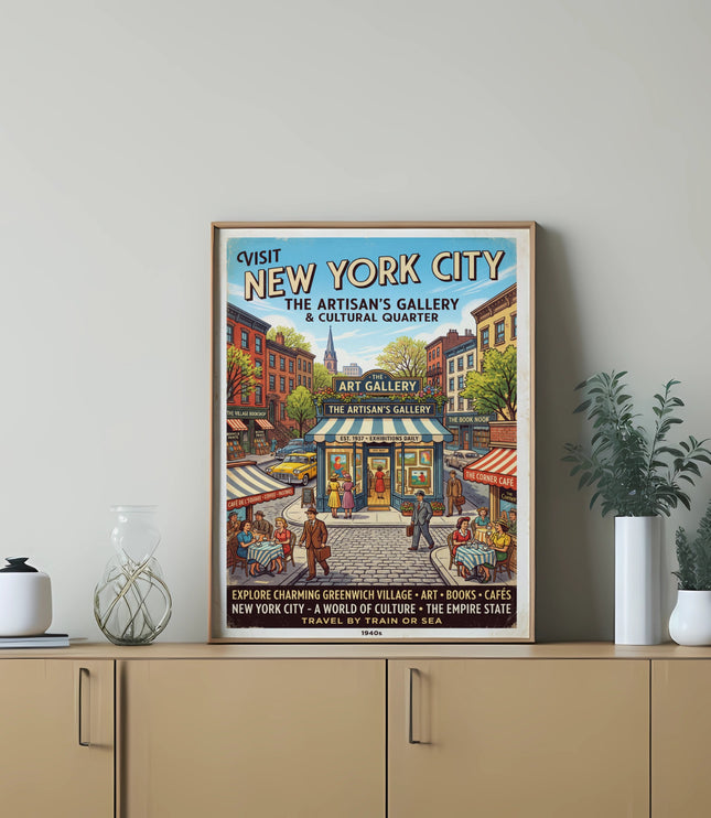 Visit New York City poster featuring Artisan's Gallery, shops, and people on street.