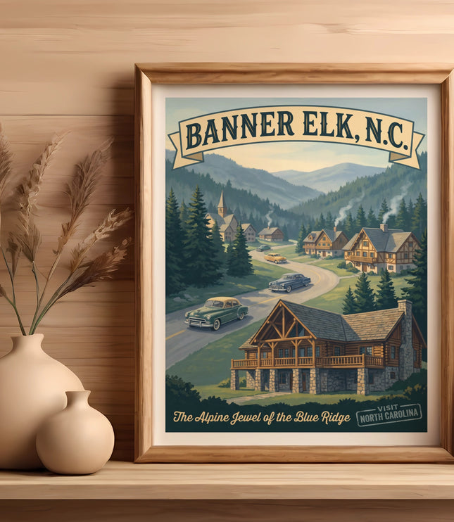 Vintage poster of Banner Elk, N.C. showing a mountain village and log cabin.