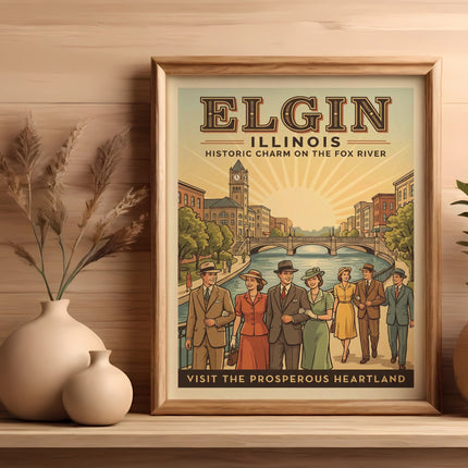 Vintage poster for Elgin, Illinois, featuring people on a bridge over a river.
