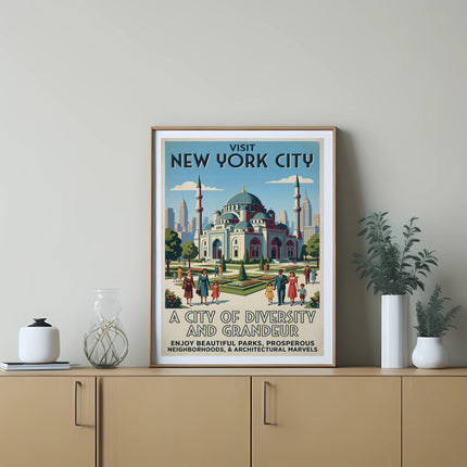 Vintage New York City travel poster with cityscape and text.