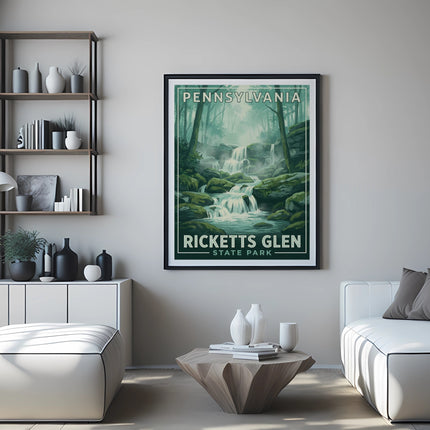 Framed "Pennsylvania Ricketts Glen State Park" poster above a sofa.