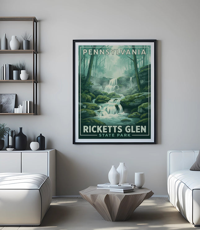 Framed "Pennsylvania Ricketts Glen State Park" poster above a sofa.