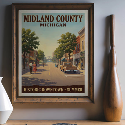 Midland County, Michigan Historic Downtown Summer retro poster with vintage truck and architecture.