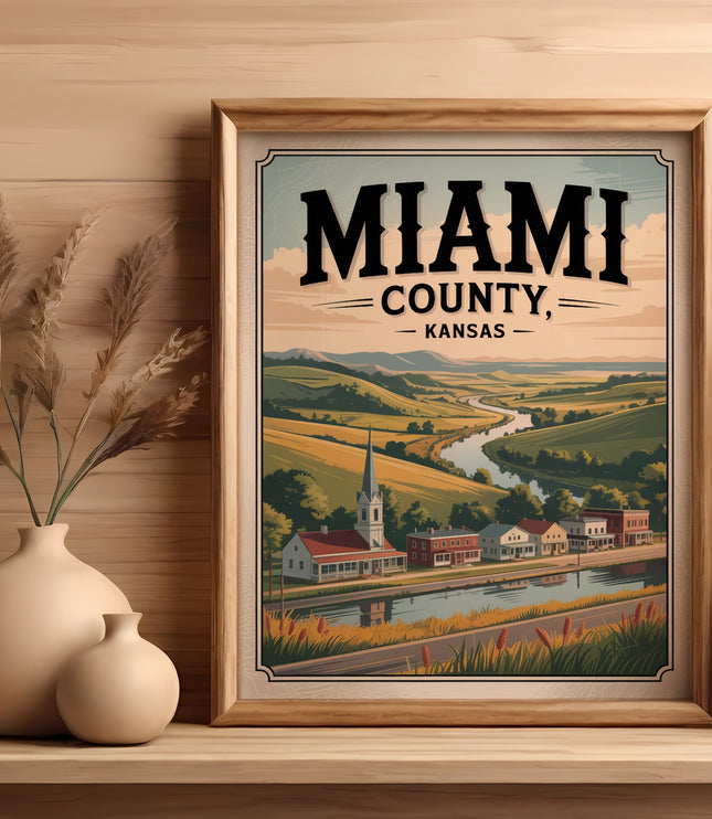 Framed artwork of Miami County, Kansas, featuring rolling hills and a village.