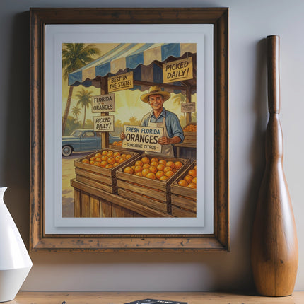 Man at fruit stand with crates of Florida oranges and signs.