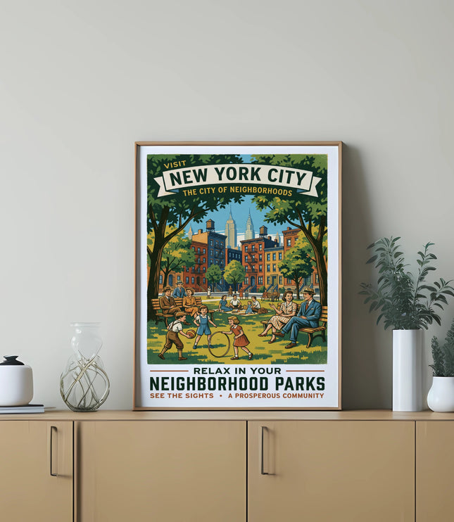 New York City retro poster of neighborhood park scene with text "Visit New York City".