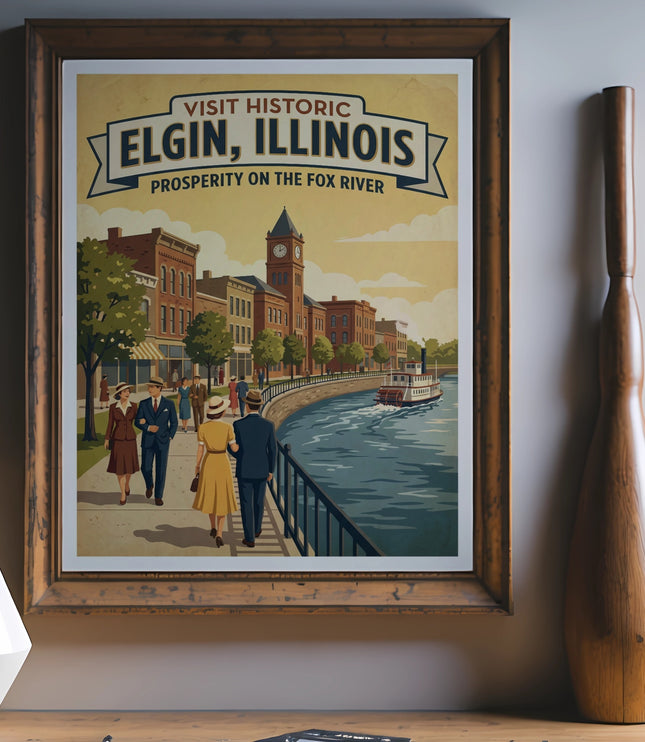 Vintage style poster of Elgin, Illinois, showing buildings and a steamboat on a river.