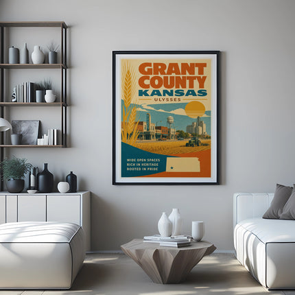 Grant County, Kansas, Ulysses travel poster with wheat, barn, and tractors.