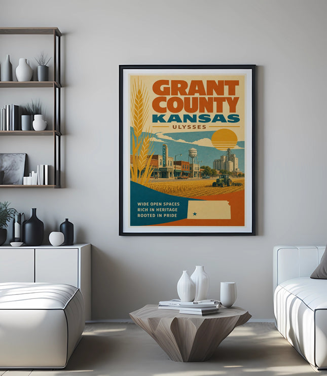 Grant County, Kansas, Ulysses travel poster with wheat, barn, and tractors.