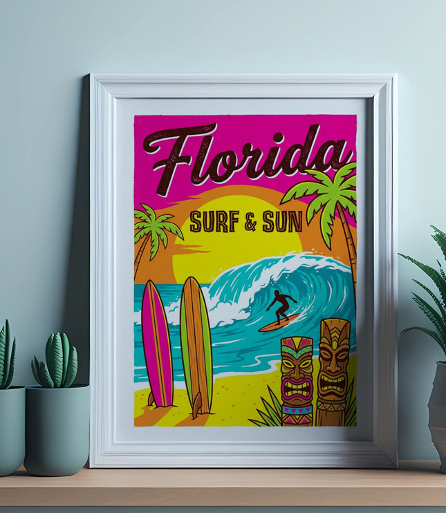 Florida Surf & Sun poster with surfboards, surfer, wave, tiki masks, and palm trees.