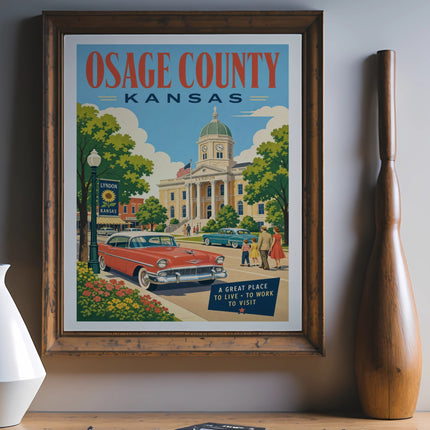 Vintage poster of Osage County Courthouse in Lyndon, Kansas, with a classic car.