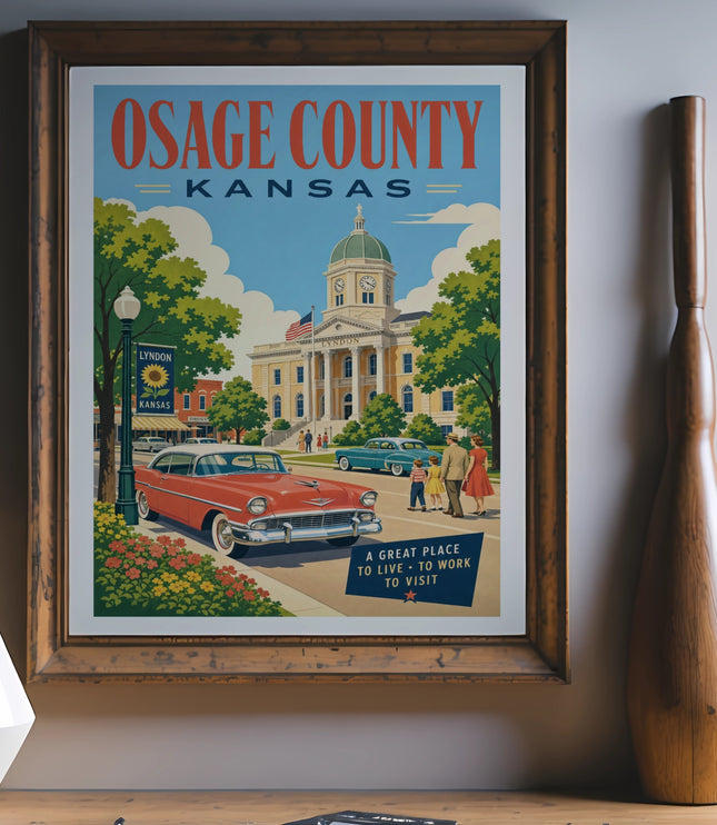 Vintage poster of Osage County Courthouse in Lyndon, Kansas, with a classic car.