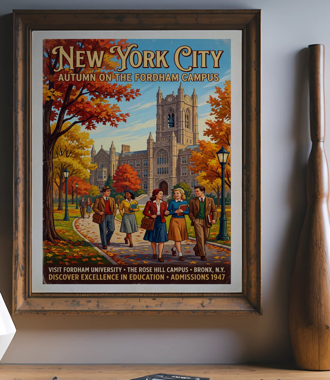 Vintage poster of Fordham University in autumn with students walking.