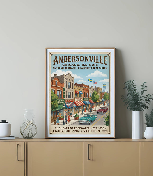 Poster of Andersonville, Chicago, Illinois with Swedish heritage and charming local shops.