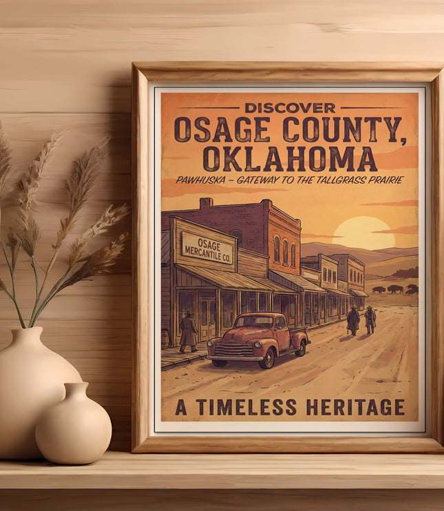Vintage poster of Osage County, Oklahoma, showing a street scene with a pickup truck.