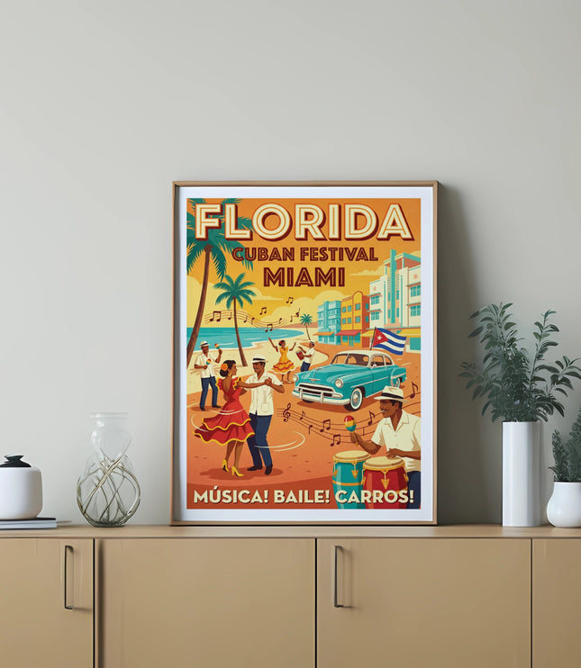 Florida Cuban Festival Miami poster with people dancing near a vintage car and drummers.