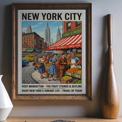Vintage New York City travel poster with fruit stands and a street scene.