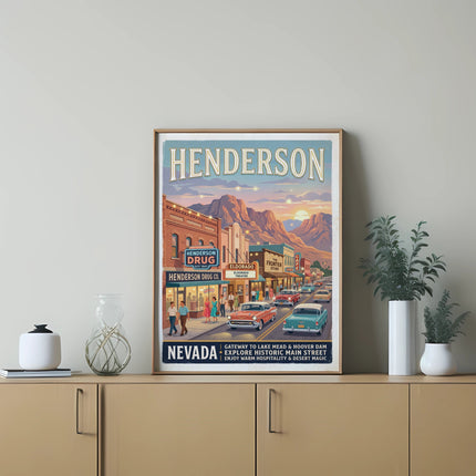 Vintage poster of downtown Henderson Nevada with cars, people, and text.
