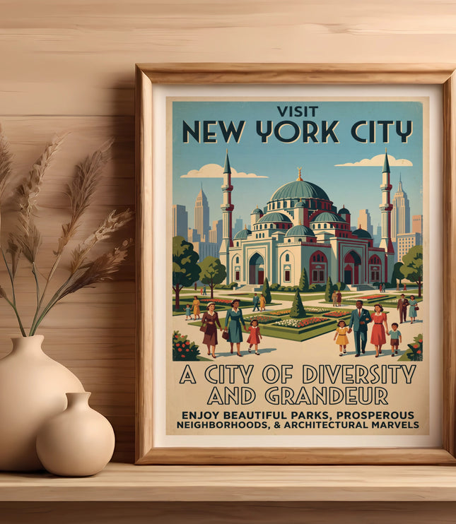 "Visit New York City" poster with mosque, skyscrapers, and people in a park.