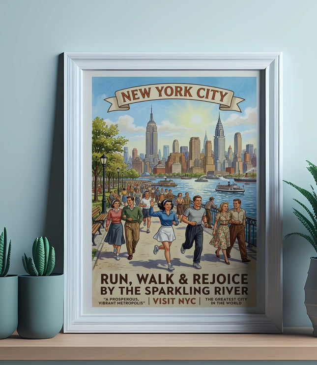 New York City skyline with people running and walking by a river and text.