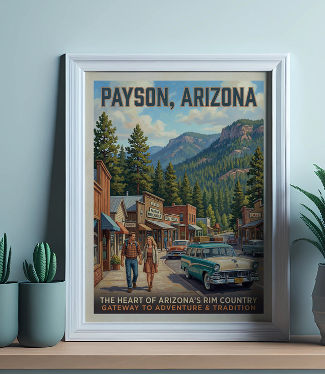 Payson, Arizona poster with a vintage scene of town buildings, cars, and mountains.
