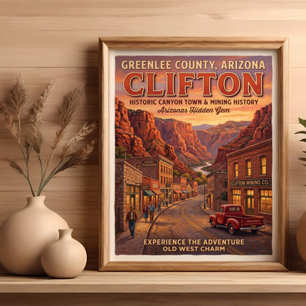 Clifton Arizona vintage travel poster with canyon town and mining history.