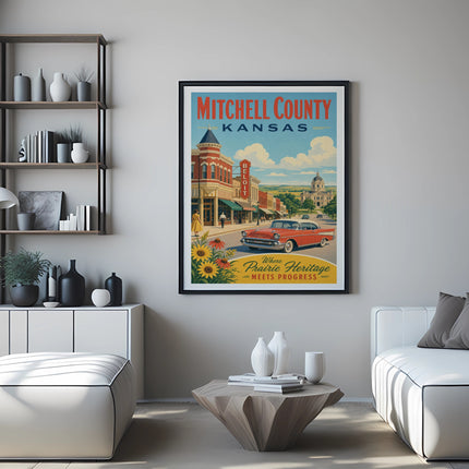 Vintage poster for Mitchell County, Kansas, featuring a red car and sunflowers.