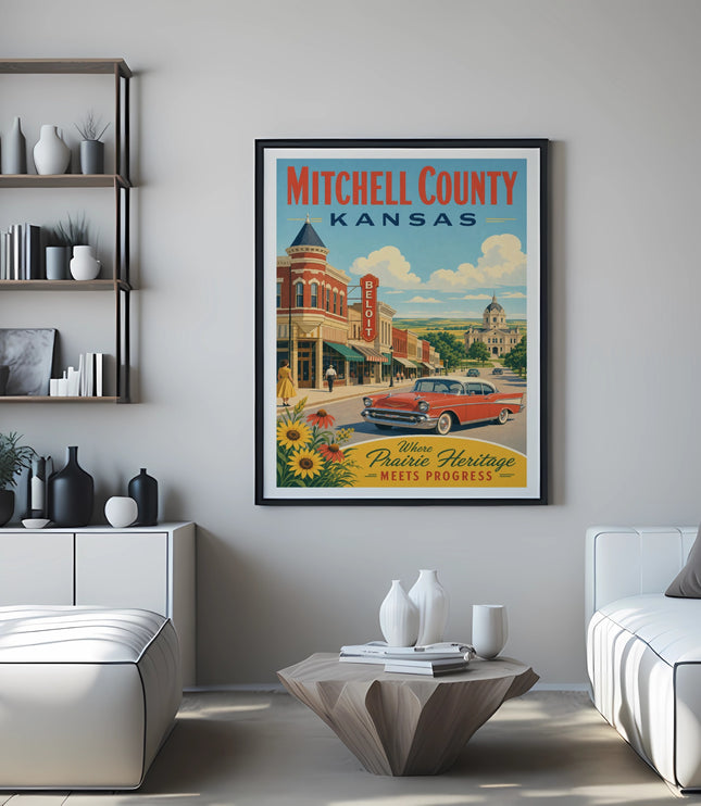 Vintage poster for Mitchell County, Kansas, featuring a red car and sunflowers.