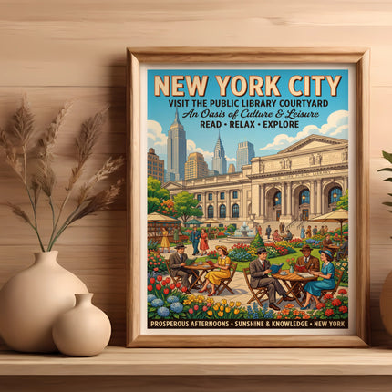 New York City Public Library courtyard poster with people relaxing and reading.