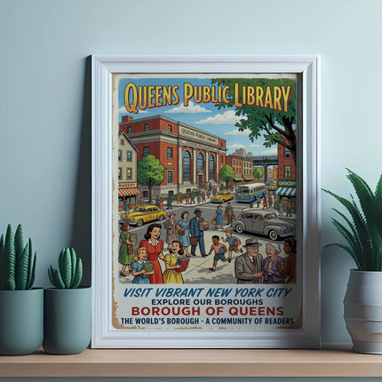 Queens Public Library poster with people, cars, and text about Queens.