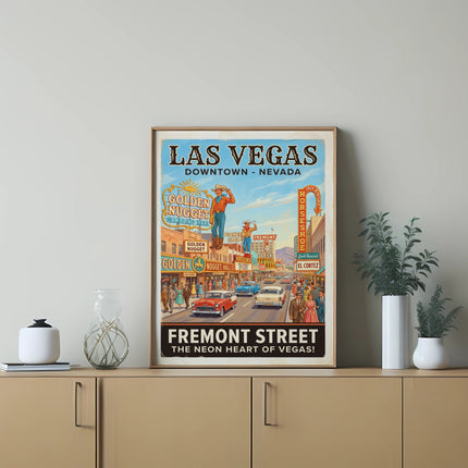 Vintage Las Vegas Fremont Street poster featuring casinos, cowboys, and classic cars.