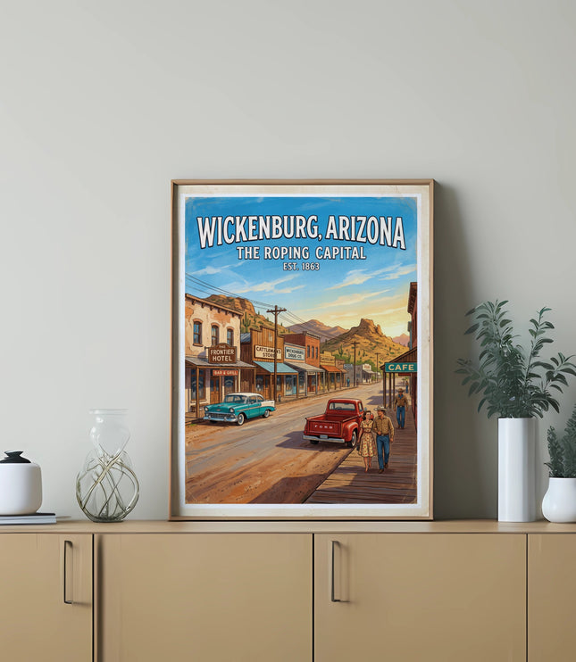 Wickenburg, Arizona poster with "The Roping Capital" text, vintage cars, and western buildings.
