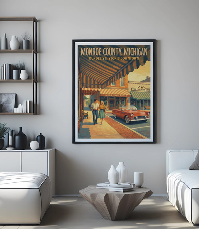 Vintage poster of Monroe County, Michigan, featuring Dundee's historic downtown.