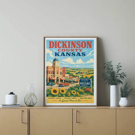 Poster for Dickinson County, Kansas, featuring Abilene, with text and floral accents.
