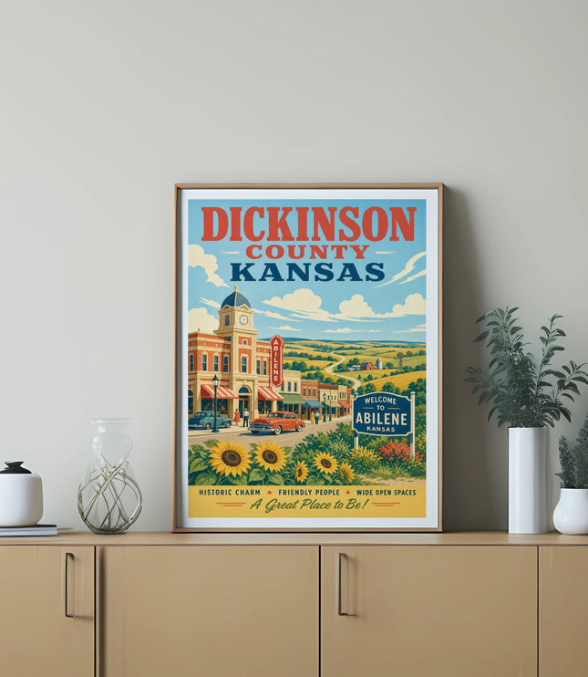 Poster for Dickinson County, Kansas, featuring Abilene, with text and floral accents.