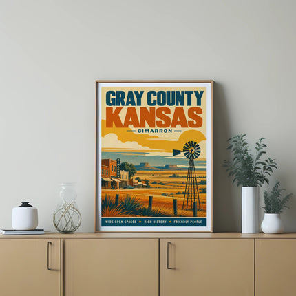 Gray County Kansas Cimarron poster with windmill and storefronts.